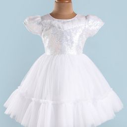 Mark & Mia Woven Half Sleeves Party Frock With Sequin Design & Frill Detailing - White-image-51
