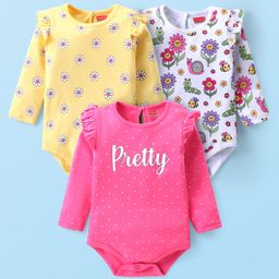 Babyhug 100% Cotton Full Sleeves Onesies with Frill Detailing Floral & Text Print Pack of 3 - Multicolour-image-33