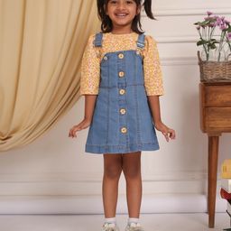 Budding Bees Cotton Three Fourth Sleeves Floral Printed Top & Denim Dungaree Set - Yellow & Blue-picture-22