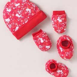 OHMS Interlock Knit Cap Mitten & Booties Set with Bunny & Floral Print Red - Diameter 10 cm-6