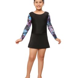 Bosky Full Sleeves Frock Swimsuit with Leafy Print - Black-image-38