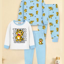 Trampoline Cotton Knit Pack Of 2 Full Sleeves Tiger Printed Night Suits Set - Sky Blue & White-picture-10