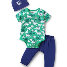 Doodle Poodle Interlock Knit Half Sleeves Dino Printed Onesie With Diaper Legging & Cap - Green & Navy Blue-image-75