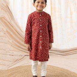 Tiber Taber 100% Cotton Full Sleeves Floral Printed Kurta Pyjama Set - Maroon-image-3