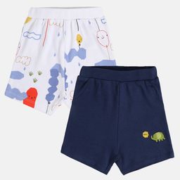 MINI KLUB Cotton Pack Of 2 Balloons Printed & Elephants Patch Embroidered Shorts - Navy Blue & White-image-87