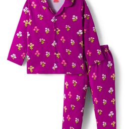 Babyhug Cotton Knit Full Sleeves Co-ords Night Suit With Floral Print - Purple-picture-38