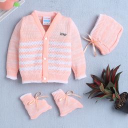 BUMZEE Full Sleeves Front Open Solid Color Sweater with Floral Embroidery Cap & Socks - Peach-picture-2