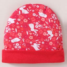 OHMS Interlock Knit Cap Mitten & Booties Set with Bunny & Floral Print Red - Diameter 10 cm image 3