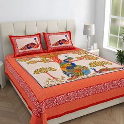 HOMELINE Red & Peach-Coloured Printed Cotton144 TC King Bedsheet Set 2.286 mx 2.62 m-4