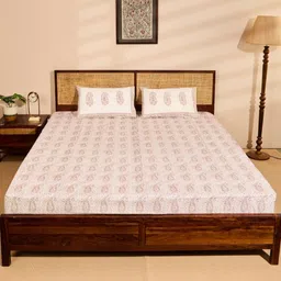 Fabindia Beige & White Ethnic Motifs 180 TC King Bedsheet with 2 Pillow Covers-image-75