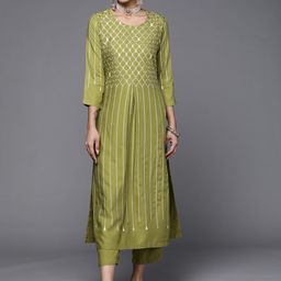 Biba Women Olive Green & Golden Ethnic Motifs Printed Pleated Kurta with Trousers-43