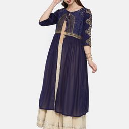AURELIA Women Navy Blue Printed Tailored Ethnic Jacket-image-12