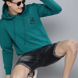 HERE&NOW Men Teal Blue Printed Hooded Sweatshirt-picture-39