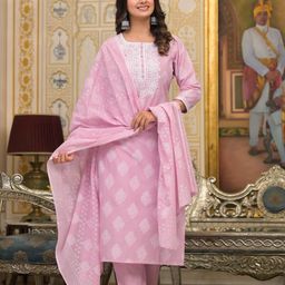UNISETS Ethnic Motifs Printed Thread Work Regular Kurta with Trousers & Dupatta image 4