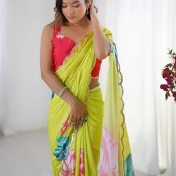 Kalista Floral Printed Mirror Work Pure Chiffon Saree with Blouse Piece-picture-45