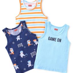Babyhug 100% Cotton Knit Sando Penguin Print Pack of 3 - Multicolour-image-76