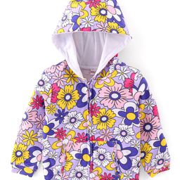 Babyhug Cotton Knit Full Sleeves Front Open Sweat Jacket with Hood Zipper & Floral Print - White & Pink-picture-6