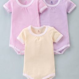 I Bears Cotton Knit Half Sleeves Onesies Solid Colour Pack of 3 - Pink Purple & Beige-image-44