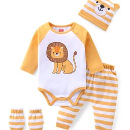 Babyhug 100% Cotton Knit Full Sleeves Lion Print Onesie with Striped Leggings and Cap Mittens - Yellow-82