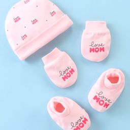 Simply Cotton Interlock  Cap Mittens And Booties Set Text Print Pink - Diameter 11 cm-19