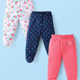 Babyhug Interlock Knit Footed Leggings with Polka Dots & Floral Print Pack of 3 - Navy Blue-image-10