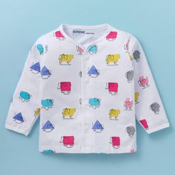 Doreme Interlock Knit Full Sleeves Elephant Printed Front Open Vest - White-23