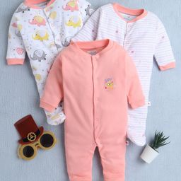 BUMZEE Cotton Knit Pack Of 3 Full Sleeves Striped & Elephant Printed Footed Sleepsuits - Peach & White-image-129