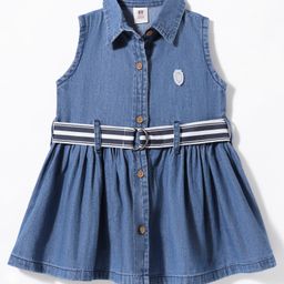 ToffyHouse Cotton Woven Sleeveless Solid Shirt Dress With Belt - Blue-picture-13