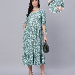 Mamma's Maternity Rayon Three Fourth Sleeves Abstract Printed Maternity Dress With Zipper Access - Green-image-65