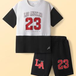 Pine Active Drop Shoulder Half Sleeves T-Shirt & Shorts Set with Los Angeles Print - Black & Offwhite-image-80