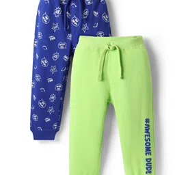 Babyhug Cotton Terry Knit Full Length Lounge Pants With Wholesome Dude Text Print Pack of 2 - Navy Blue & Light Green-picture-20