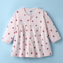 Pink Rabbit Single Jersey Knit Full Sleeves Front Open Frock With Ladybug Print - Pink-image-99