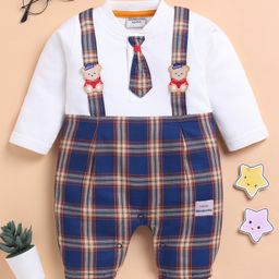 Wonderchild Full Sleeves Checked Romper With Attached Tie & Suspender Set - Navy Blue-image-90