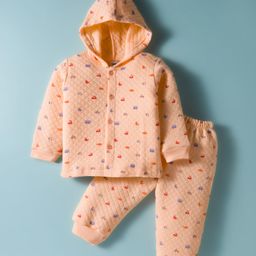 Tango Knit Full Sleeves Hooded Winter Wear Co-ords Night Suit With Vehicle Print - Peach-picture-48