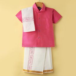 Dapper Dudes Half Sleeves Textured Shirt & Abstract Printed Mundu Lungi With Angavastram Set - Pink-picture-8
