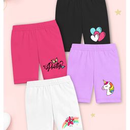 Trampoline Cotton Lycra Knit Pack Of 4 Hearts & Unicorn Printed Cycling Shorts - Multi Colour-picture-13