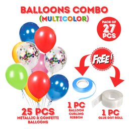 Zyozi  Assorted Color 10 Inches Of Rainbow Metallic Balloons With Confetti & Glue Dot Ribbon Multicolor - Pack of 27 image 2