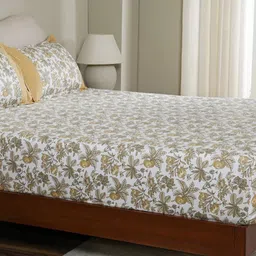 MASPAR White & Yellow Floral Printed Cotton 200 TC King Bedsheet Set 2.75 x 2.75 m-image-63