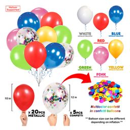 Zyozi  Assorted Color 10 Inches Of Rainbow Metallic Balloons With Confetti & Glue Dot Ribbon Multicolor - Pack of 27 image 3