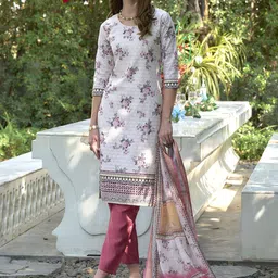 Peach Petals Women Floral Chikankari Linen Kurta with Trousers & Dupatta Kurta Sets-image-88