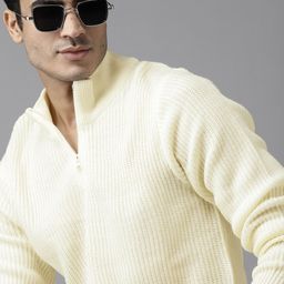 Roadster Men Cream-Coloured Self-Striped Pullover-9