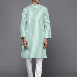 Fabindia Men Green & White Striped Kurta-image-75