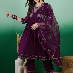 Sangria Women Zari Embroidered A-Line Kurta & Trouser With Dupatta-picture-20