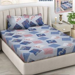 FABINALIV Blue & Pink Geometric 300 TC King Bedsheet with 2 Pillow Covers-image-25