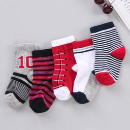 Cutewalk by Babyhug Ankle Length Anti-bacterial Cotton Blend Knit Socks Shoe Print and Striped Pack of 5 - Multicolour-picture-22
