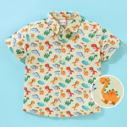 Babyhug 100% Cotton Half Sleeves Knitted Shirt Dino Print - Yellow-image-81