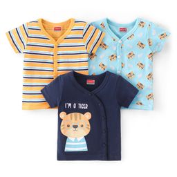 Babyhug 100% Cotton Interlock Knit Half Sleeves Front Open Vest Stripes & Tiger Print Pack of 3 - Blue White & Yellow-image-16