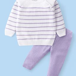 Babyhug Knit Full Sleeves Striped Sweater Set - White & Purple-image-15