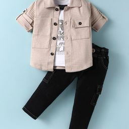 Robo Fry Lycra Knit Full Sleeves Solid Shirt & Trouser Set With Text Printed Inner T-Shirt - Light Grey-image-11