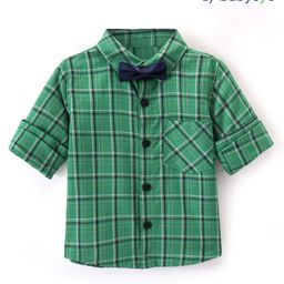 Babyoye 100% Cotton Woven Full Sleeves Checks Shirt With Bow - Green-image-67